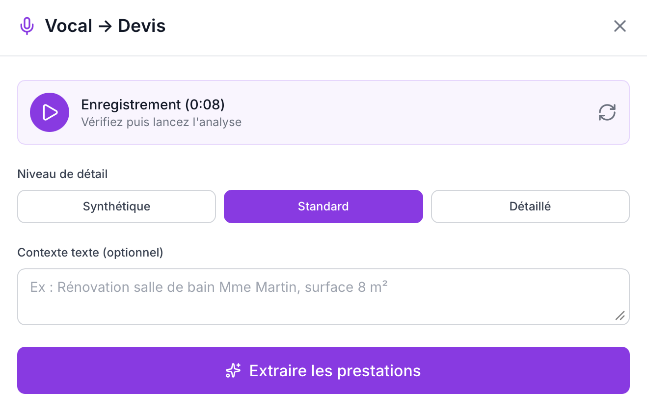 Modale Vocal → Devis avec lecteur audio et niveaux de détail