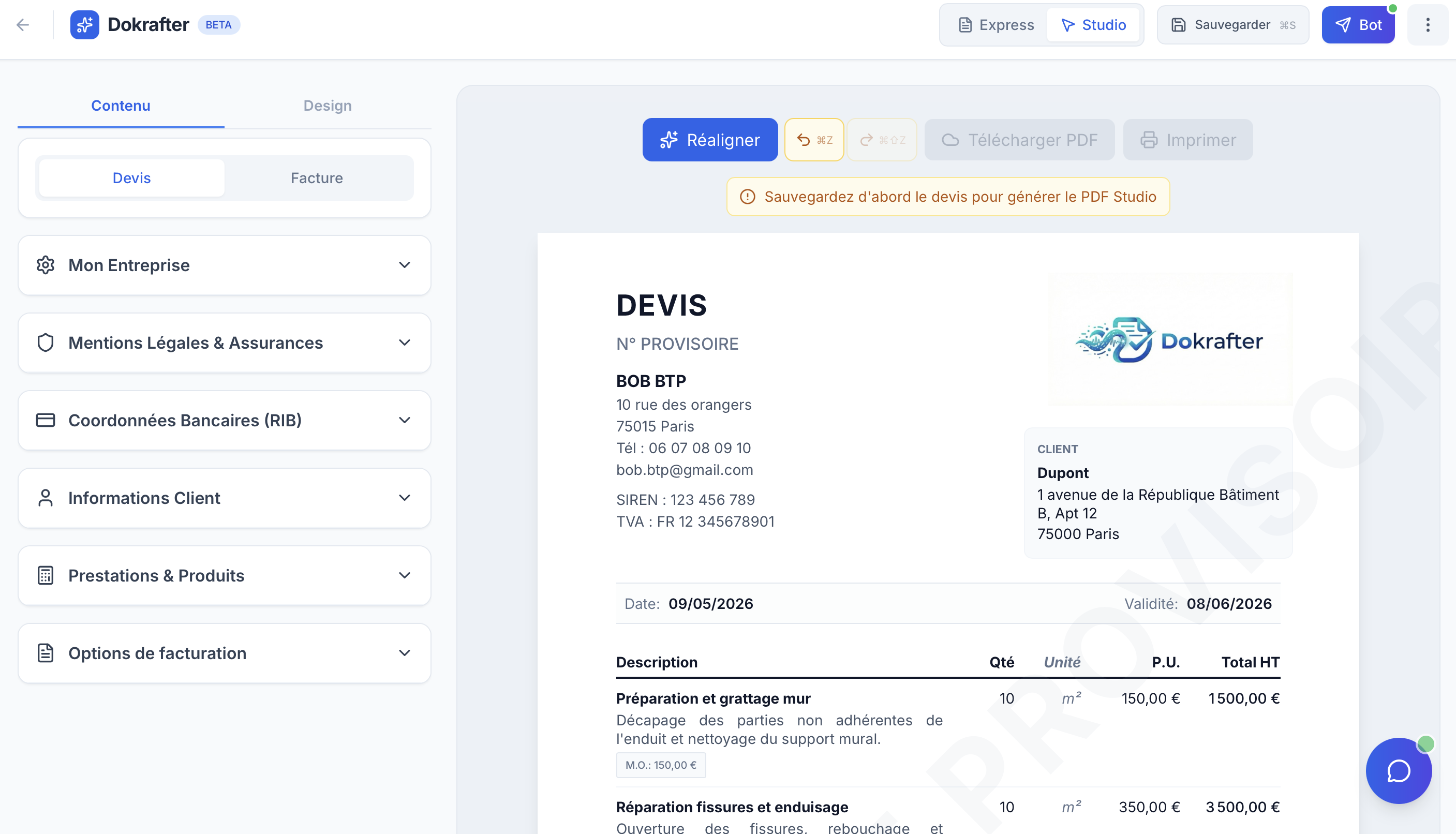 Éditeur Dokrafter avec preview du devis et tabs de personnalisation