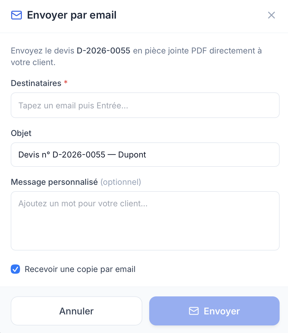 Modale d'envoi par email avec destinataires, objet et message personnalisé